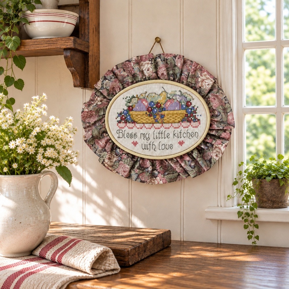 Vintage Cross Stitch Kitchen Wall Hanging Floral Ruffle Fruit Cottagecore Decor